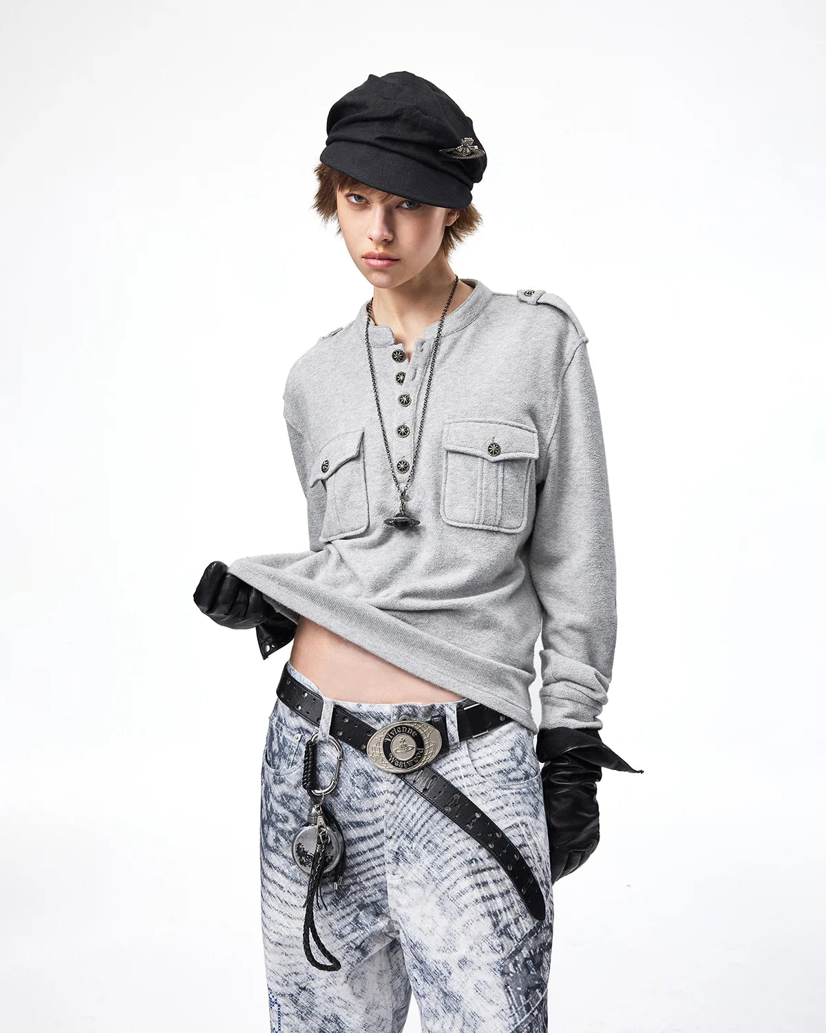 EMO Ruins Graphic Military T-Shirt Gray