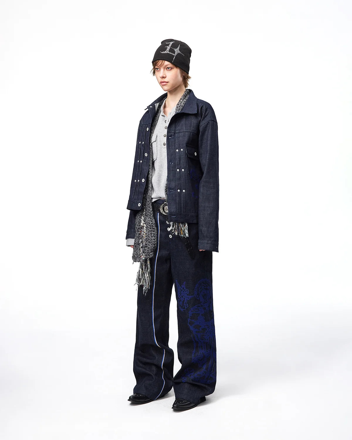 EMO Blue Selvedge Raw Denim Jacket Fit On Model