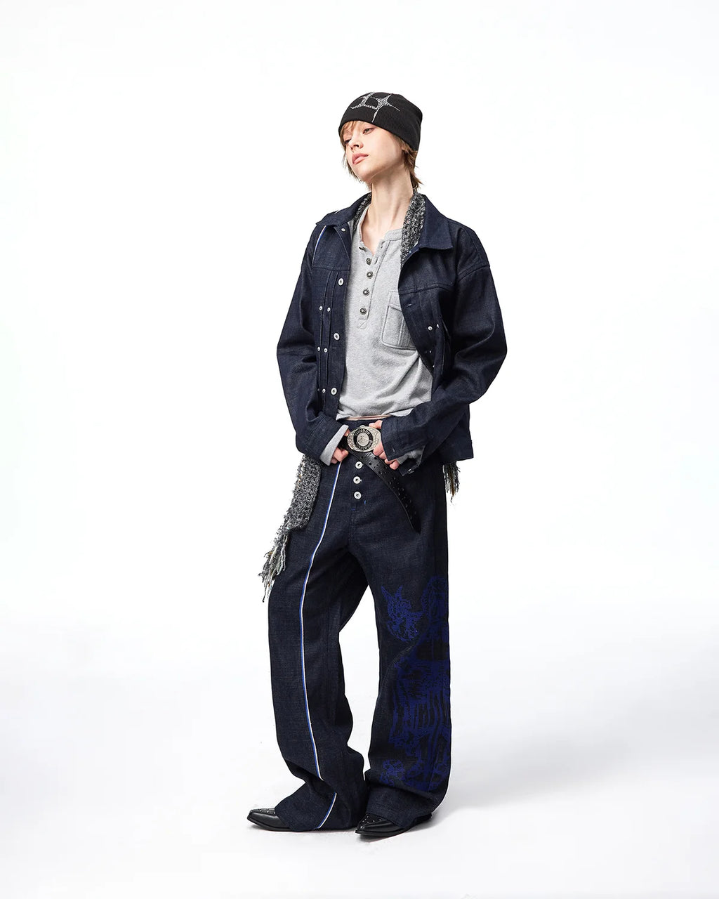 EMO Blue Selvedge Raw Denim Jacket Fit On Model