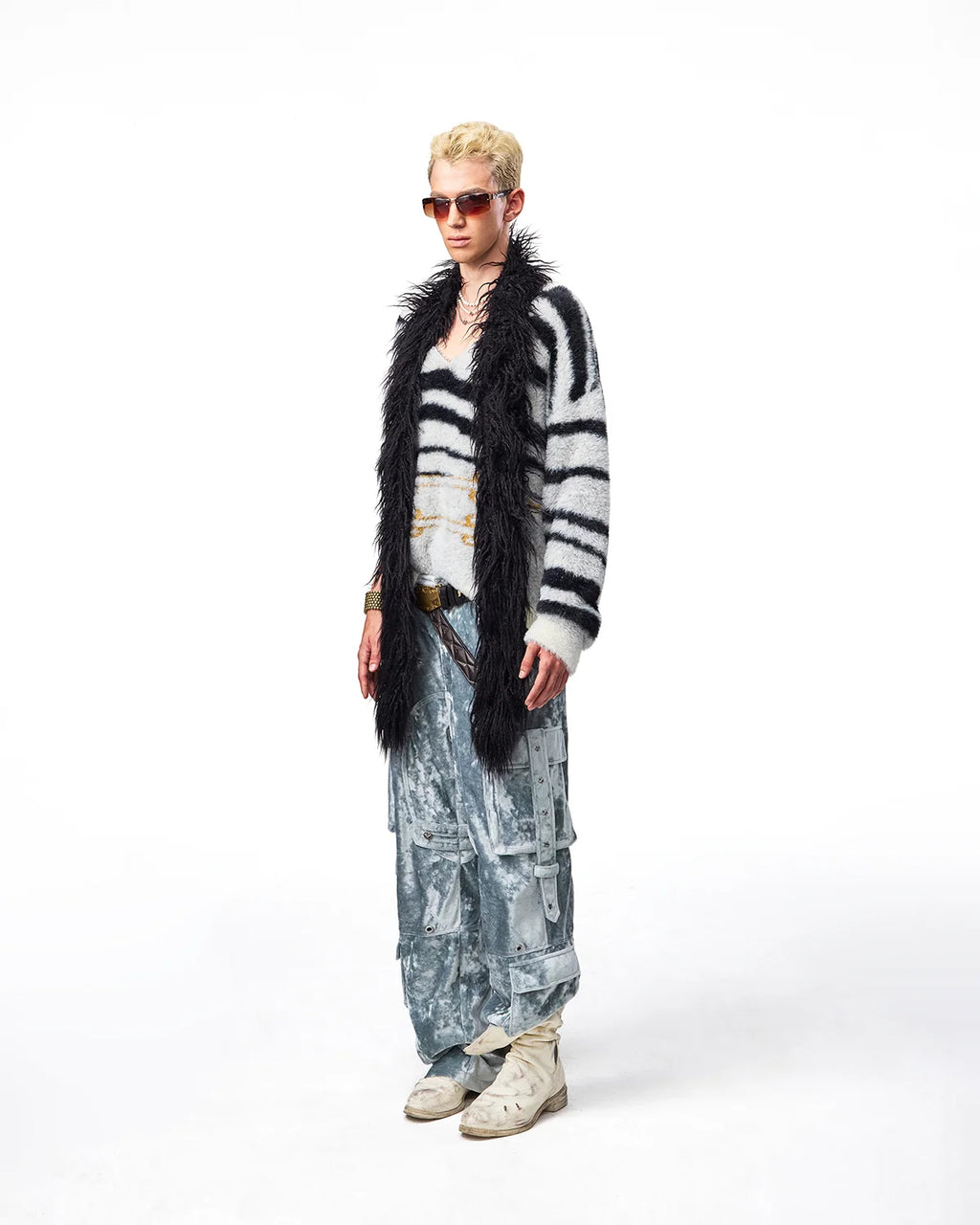EMO Zebra Jacquard V-Neck Faux-Mink Sweater
