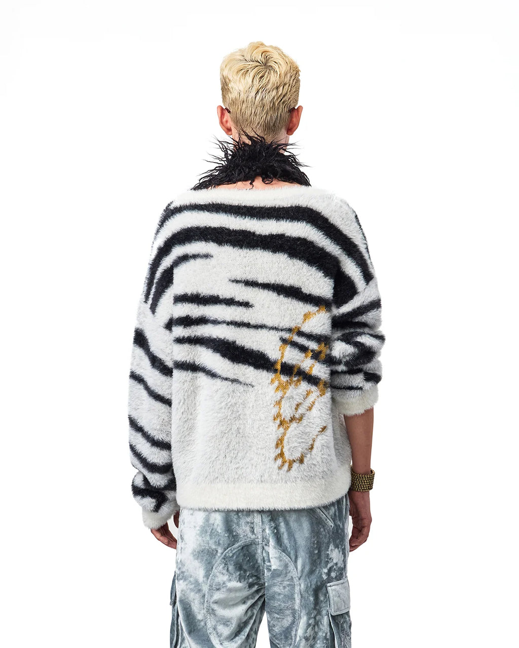 EMO Zebra Jacquard V-Neck Faux-Mink Sweater