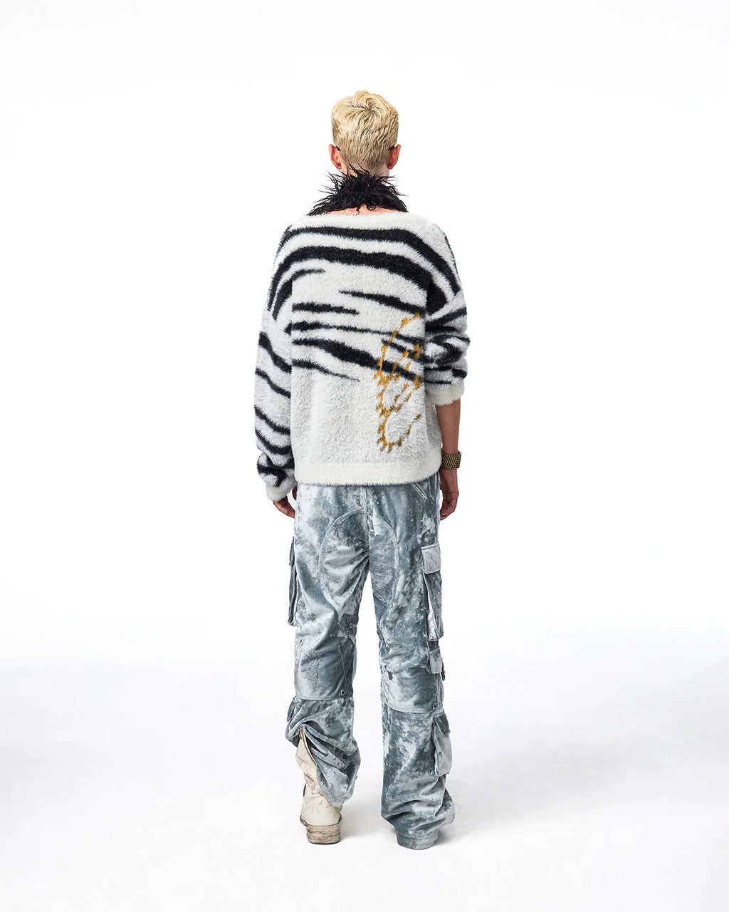 EMO Zebra Jacquard V-Neck Faux-Mink Sweater