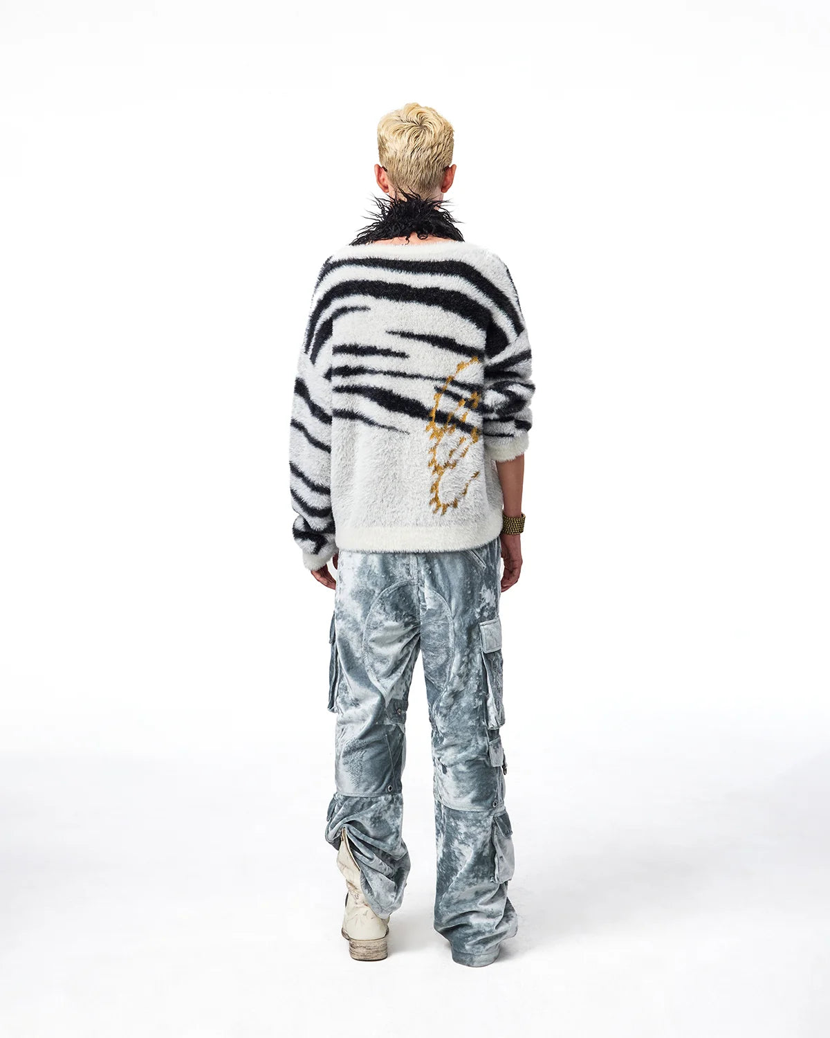EMO Zebra Jacquard V-Neck Faux-Mink Sweater