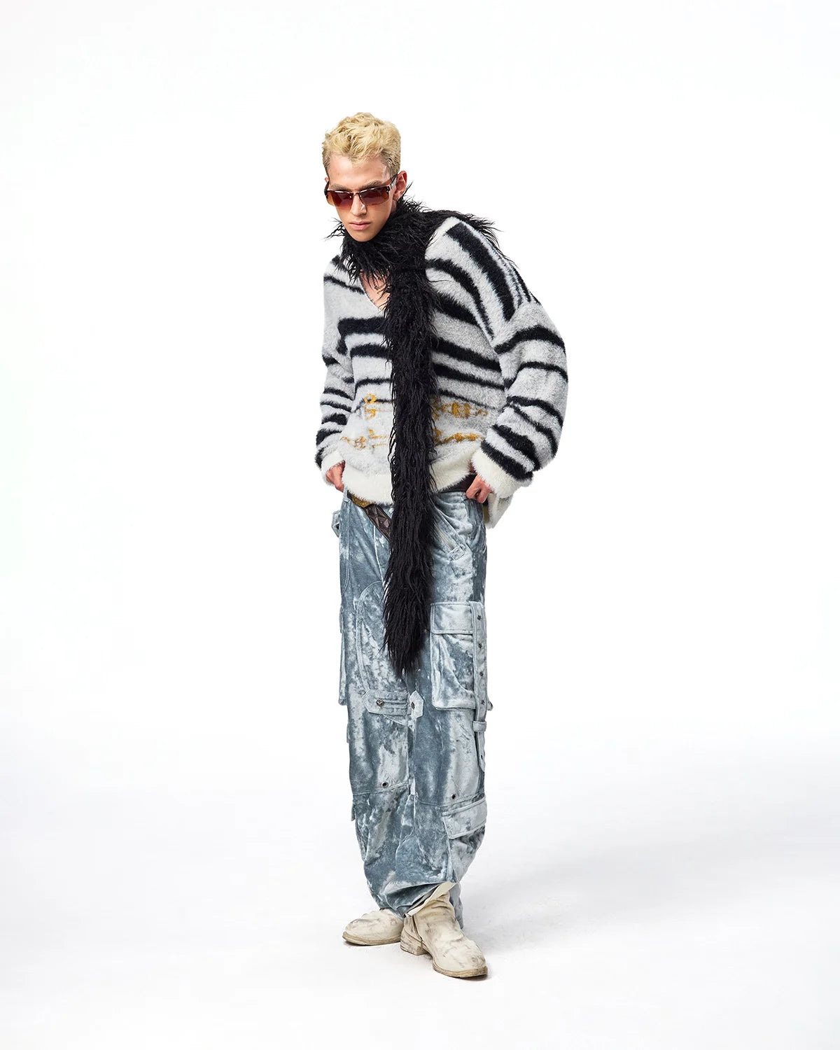 EMO Zebra Jacquard V-Neck Faux-Mink Sweater