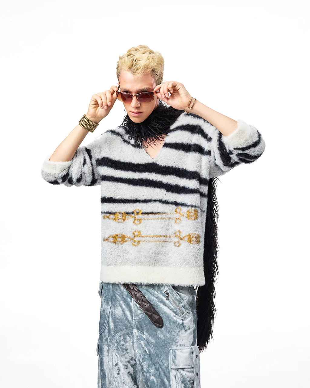 EMO Zebra Jacquard V-Neck Faux-Mink Sweater