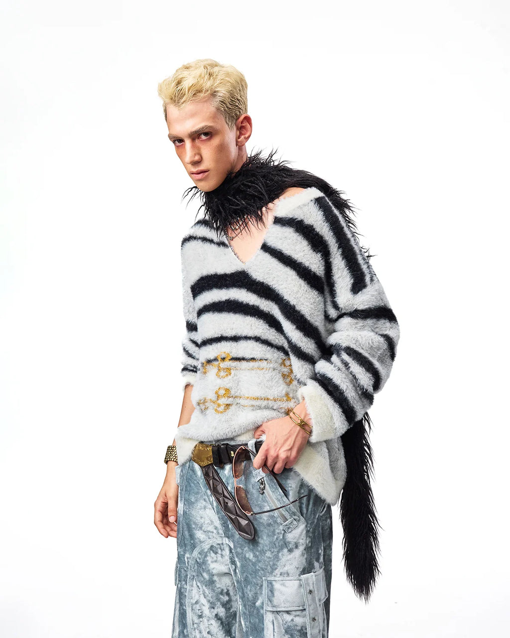 EMO Zebra Jacquard V-Neck Faux-Mink Sweater