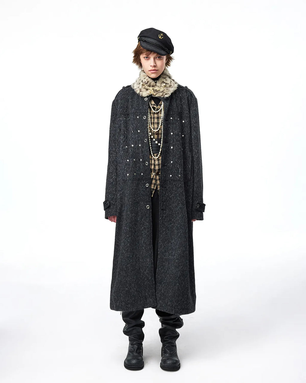 EMO Detachable Leopard Collar Long Coat
