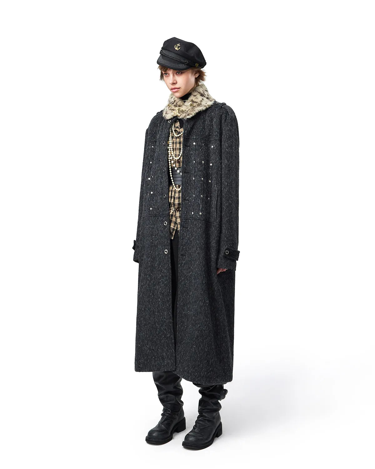 EMO Detachable Leopard Collar Long Coat