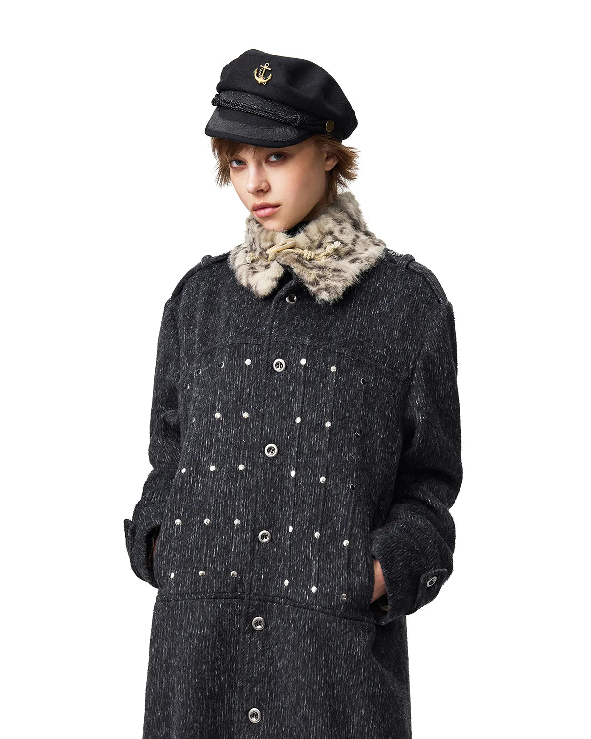 EMO Detachable Leopard Collar Long Coat