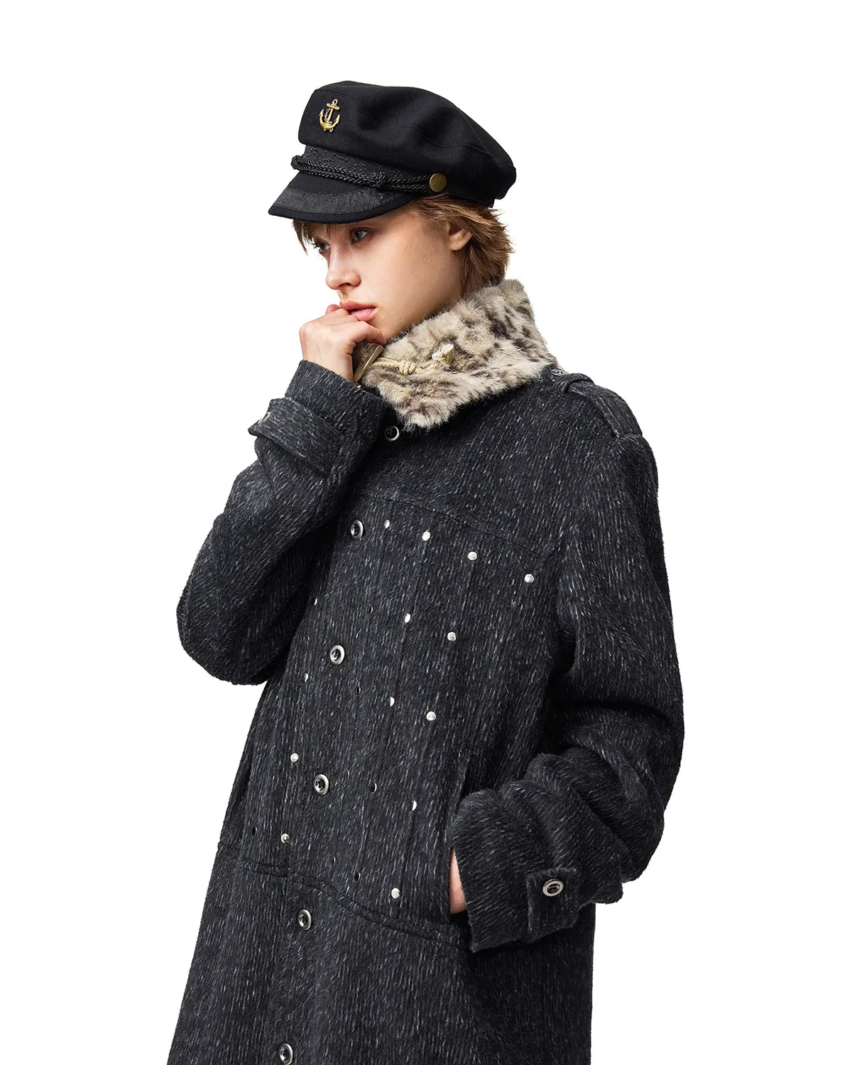 EMO Detachable Leopard Collar Long Coat