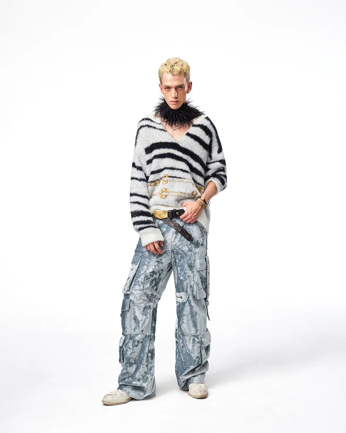 EMO Zebra Jacquard V-Neck Faux-Mink Sweater