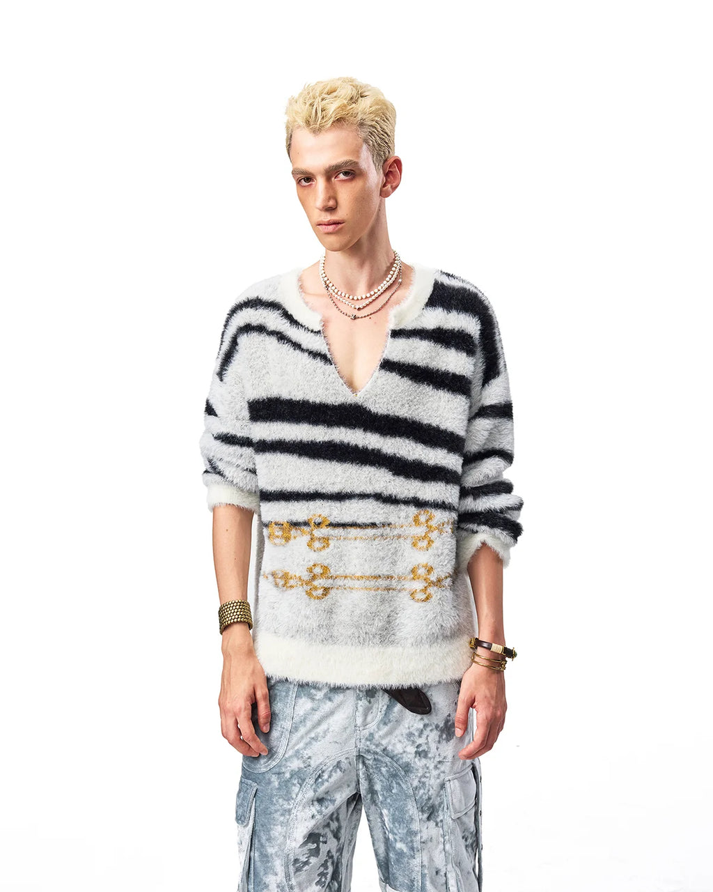 EMO Zebra Jacquard V-Neck Faux-Mink Sweater