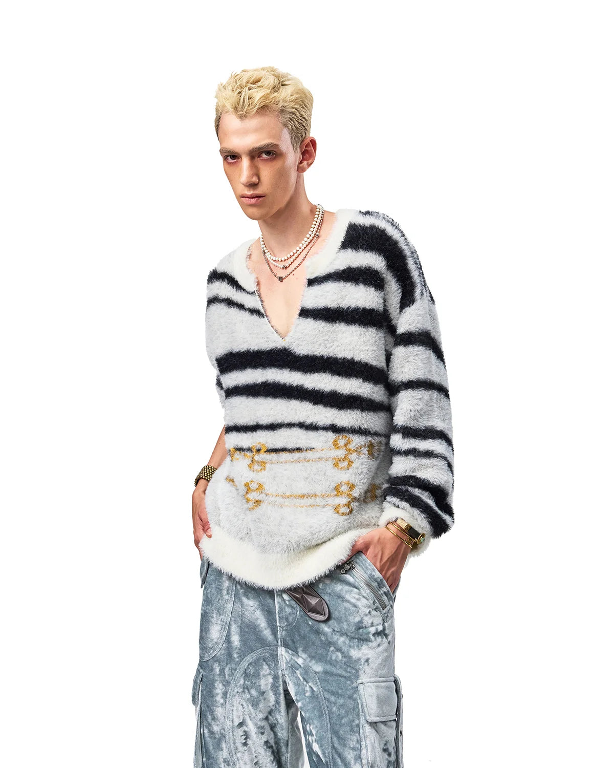 EMO Zebra Jacquard V-Neck Faux-Mink Sweater