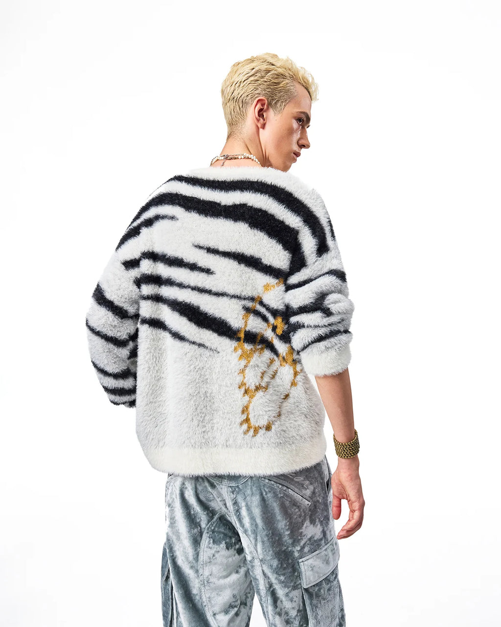 EMO Zebra Jacquard V-Neck Faux-Mink Sweater