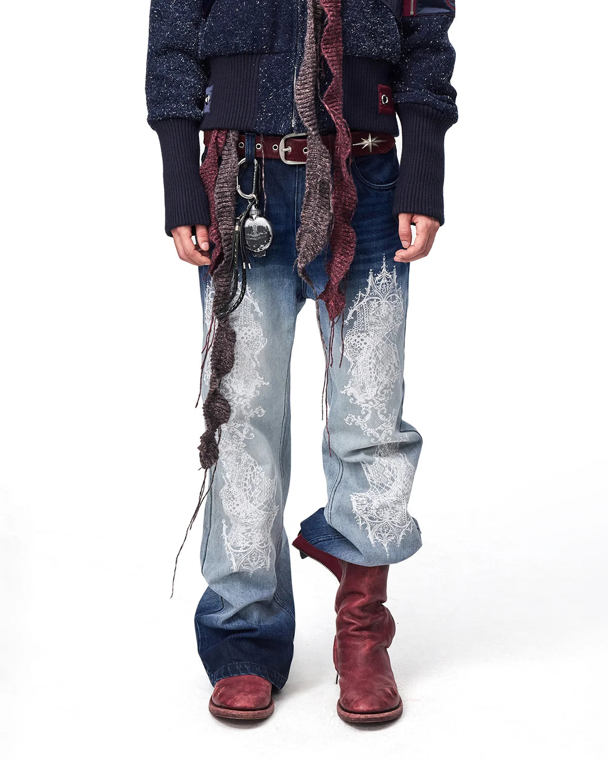 EMO Lace Print Gradient Flare Jeans Front View