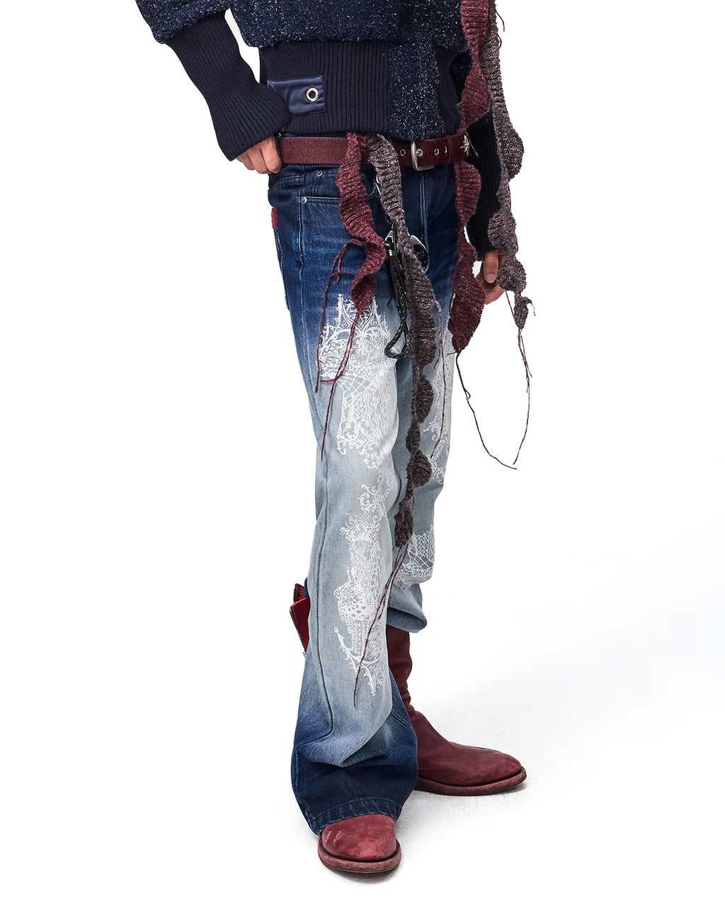 EMO Lace Print Gradient Flare Jeans Fit On Model