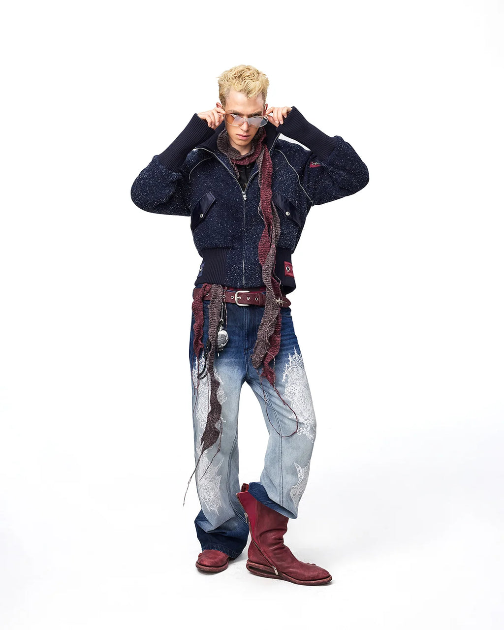 EMO Lace Print Gradient Flare Jeans Fit On Model