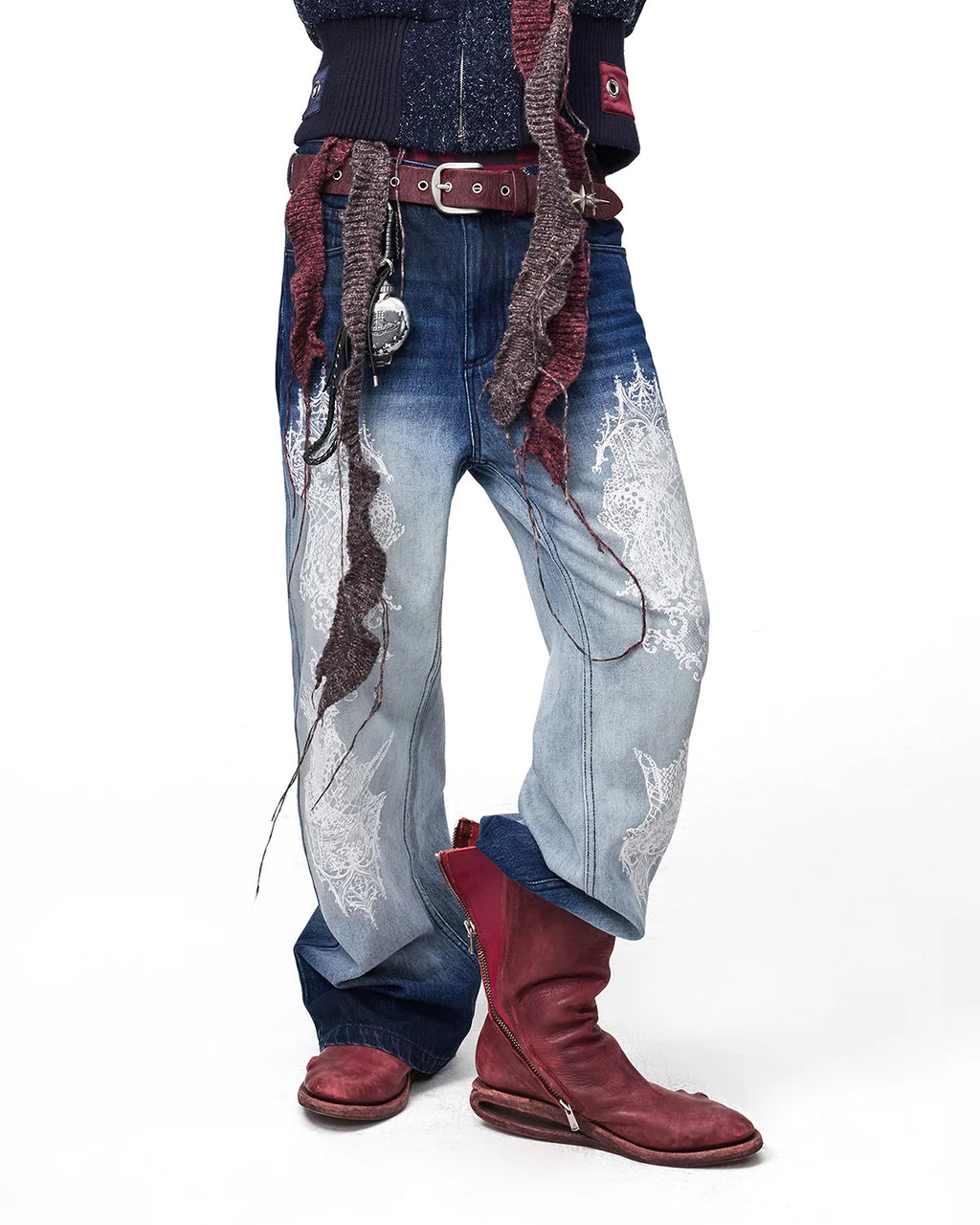 EMO Lace Print Gradient Flare Jeans Fit On Model