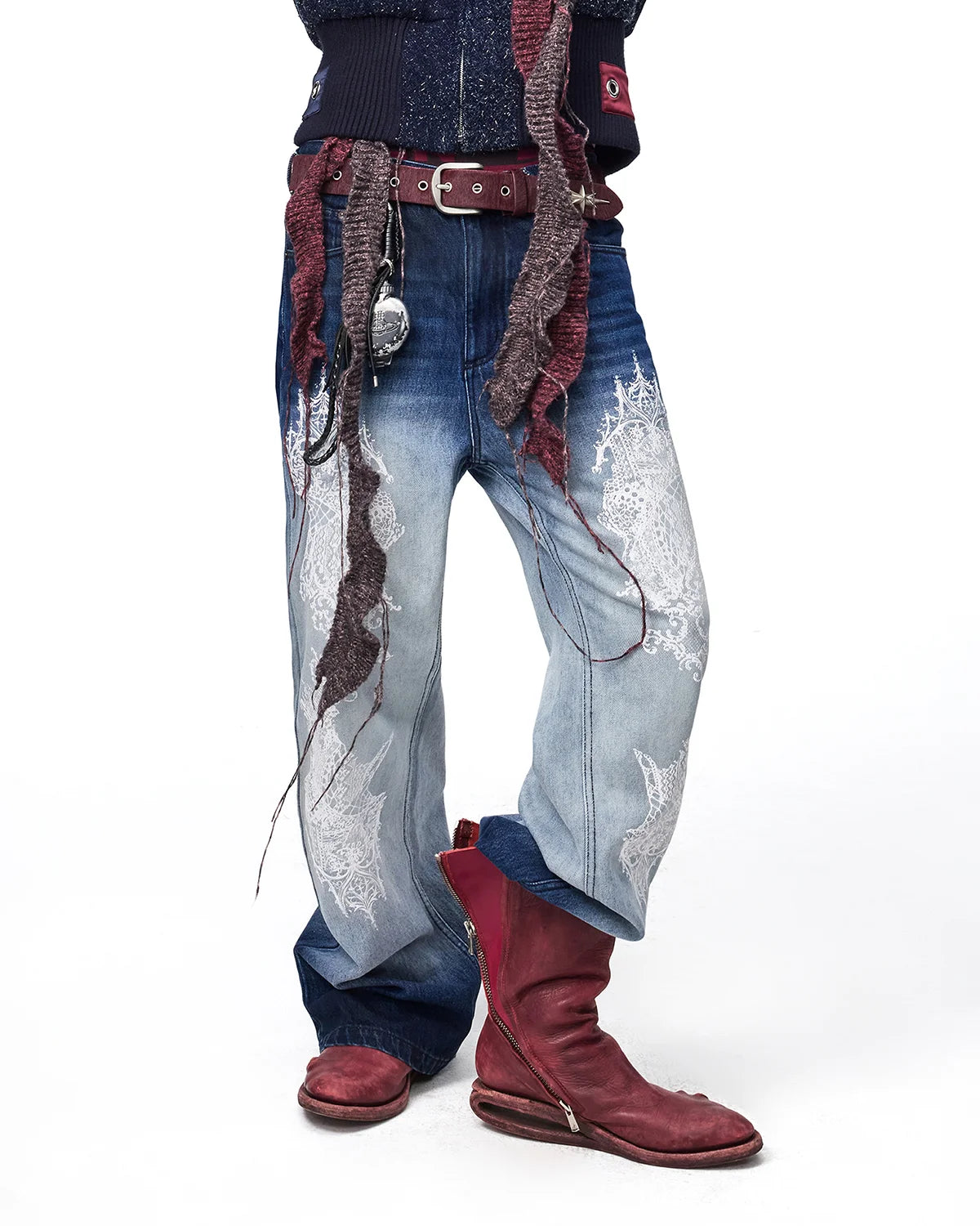 EMO Lace Print Gradient Flare Jeans Fit On Model