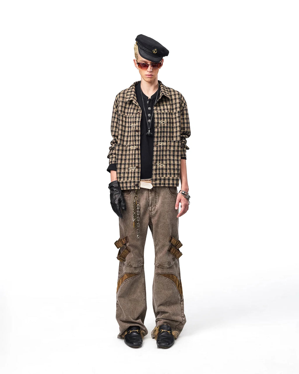 EMO Knit Plaid-Effect Embroidered Jacket Fit On Model