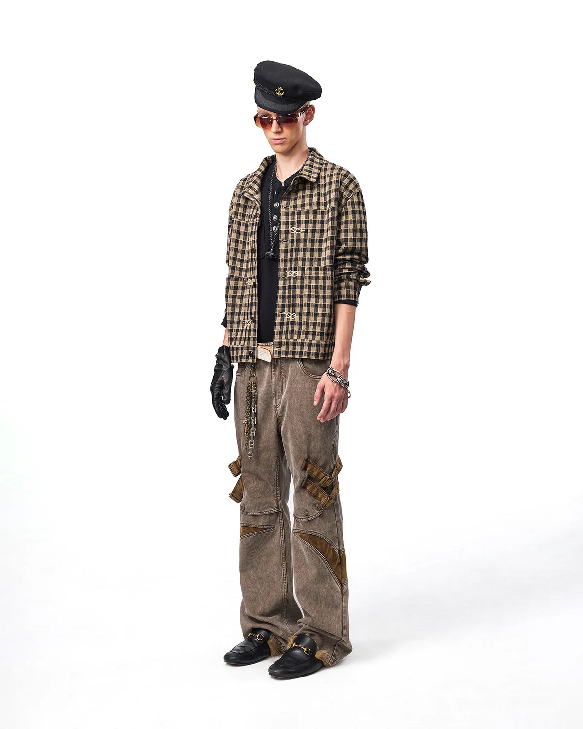 EMO Knit Plaid-Effect Embroidered Jacket Fit On Model