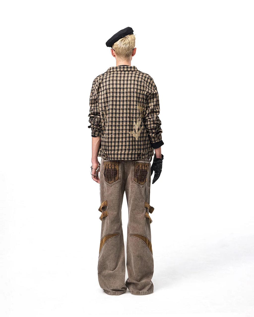 EMO Knit Plaid-Effect Embroidered Jacket Fit On Model