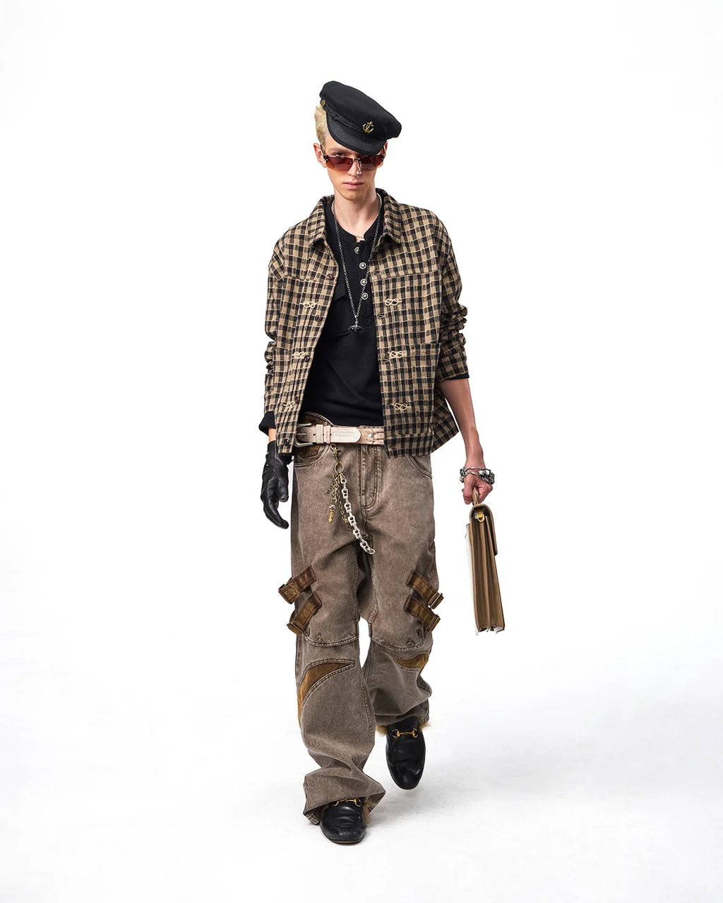 EMO Knit Plaid-Effect Embroidered Jacket Fit On Model