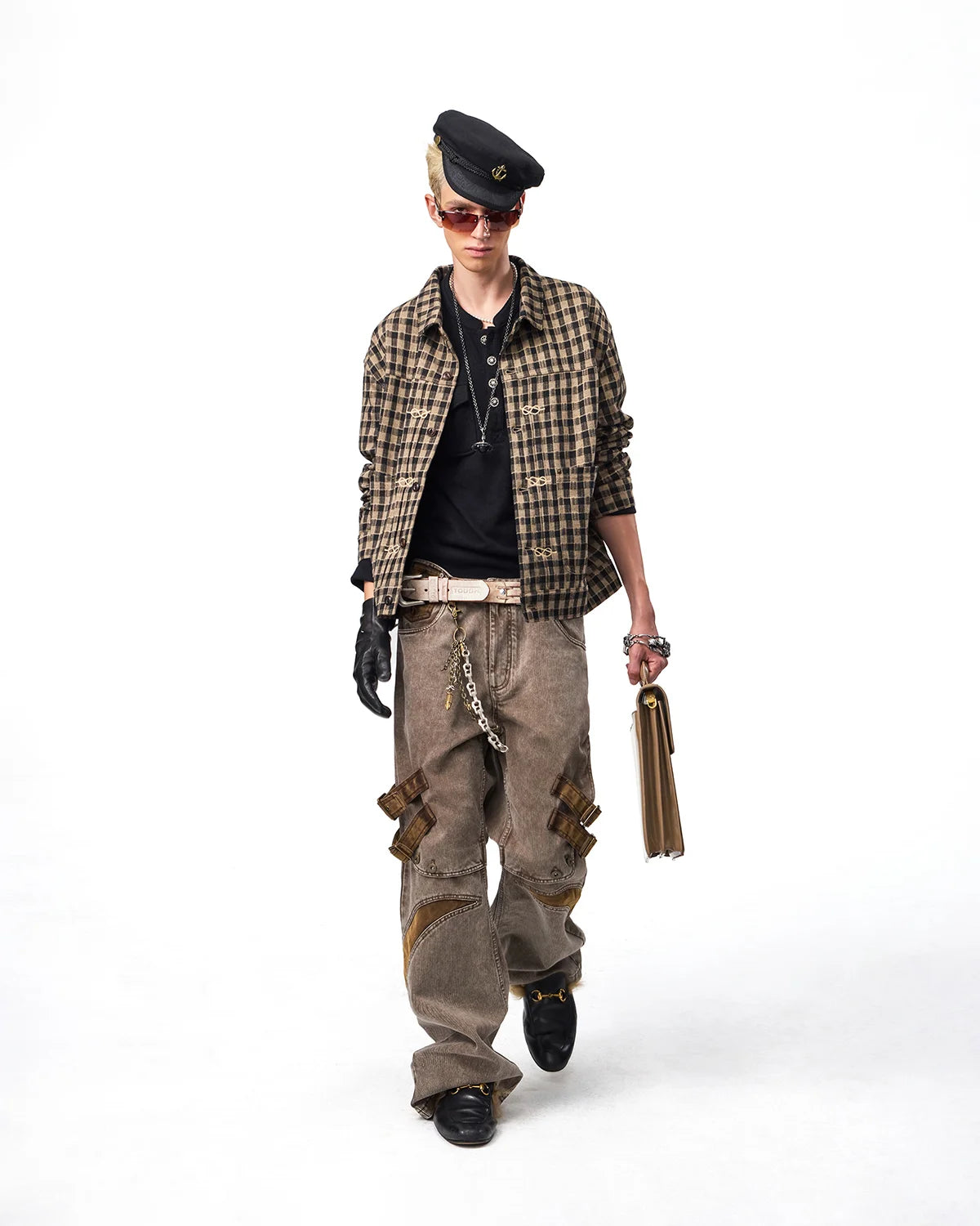 EMO Knit Plaid-Effect Embroidered Jacket Fit On Model