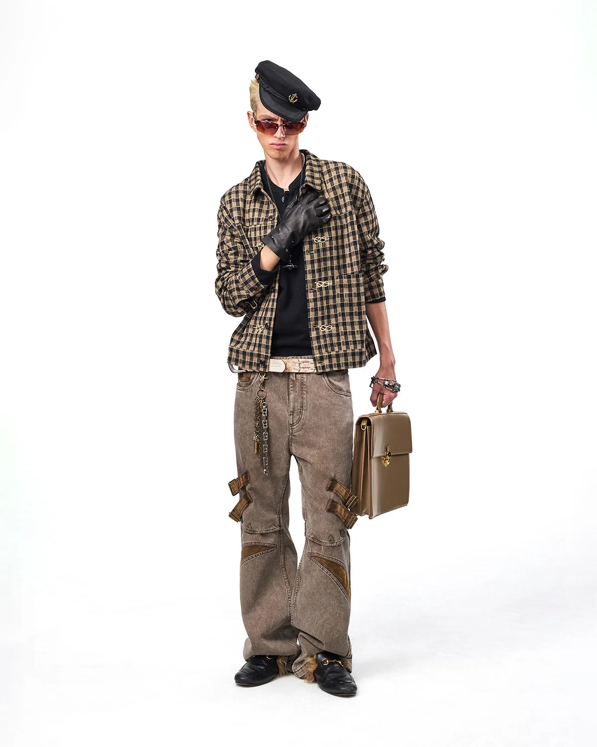 EMO Knit Plaid-Effect Embroidered Jacket Fit On Model