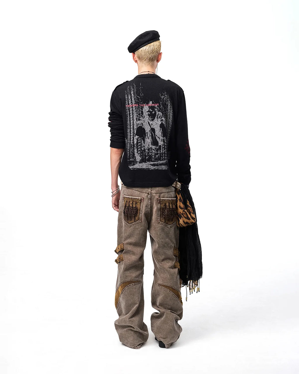 EMO Ruins Graphic Military T-Shirt Black Fit On Model