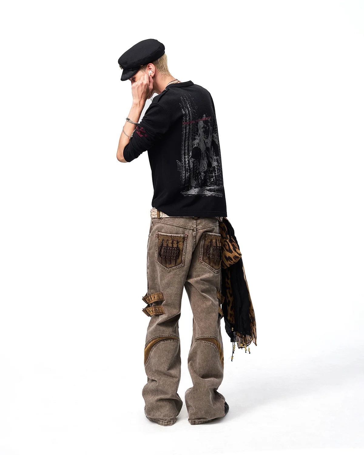 EMO Ruins Graphic Military T-Shirt Black Fit On Model