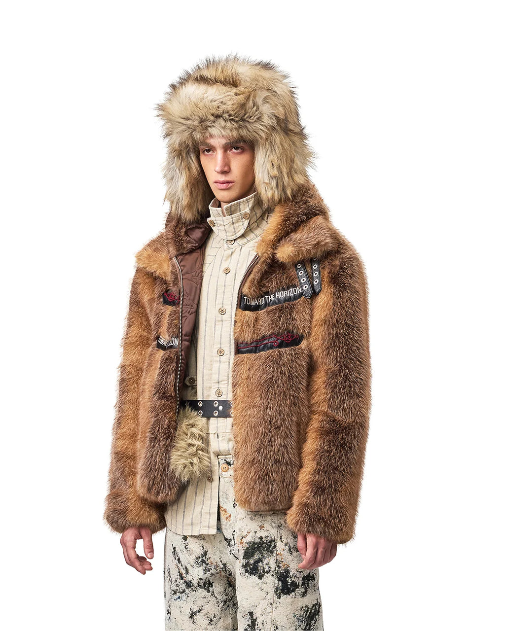 EMO Stand-Collar Hooded Faux-Fur Jacket Side View