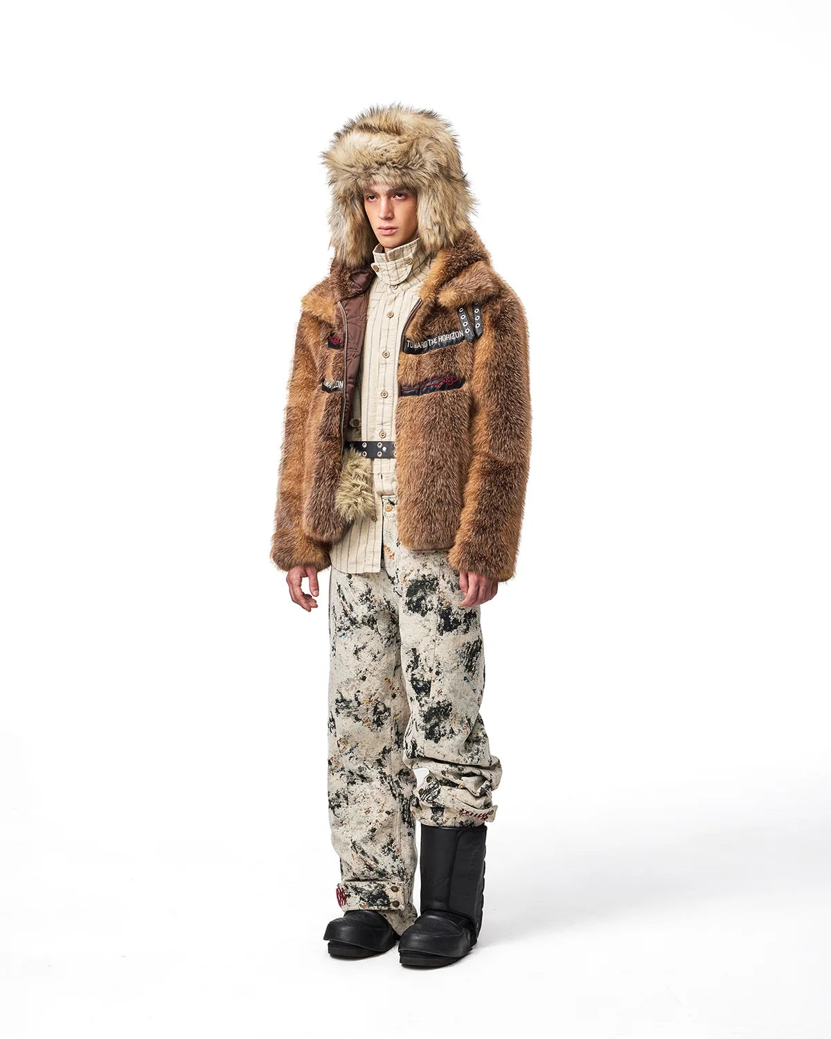 EMO Stand-Collar Hooded Faux-Fur Jacket Fit On Model
