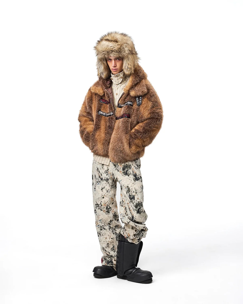 EMO Stand-Collar Hooded Faux-Fur Jacket Fit On Model