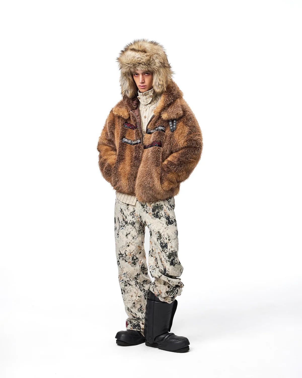 EMO Stand-Collar Hooded Faux-Fur Jacket Fit On Model