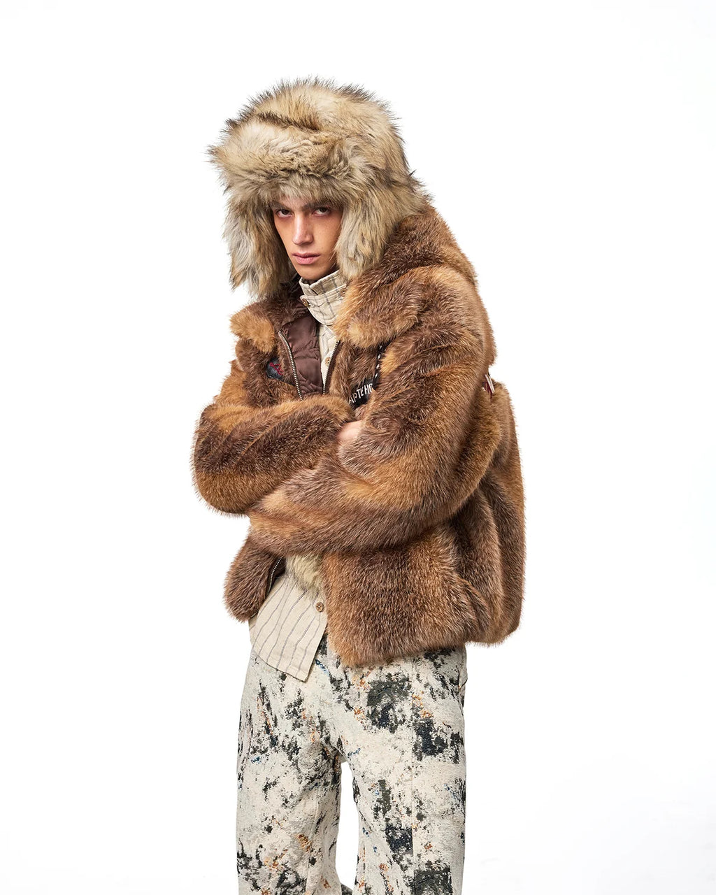 EMO Stand-Collar Hooded Faux-Fur Jacket Fit On Model