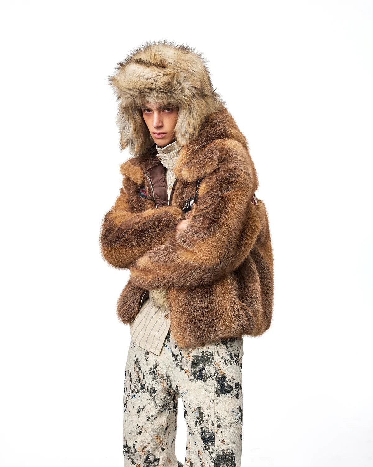 EMO Stand-Collar Hooded Faux-Fur Jacket Fit On Model