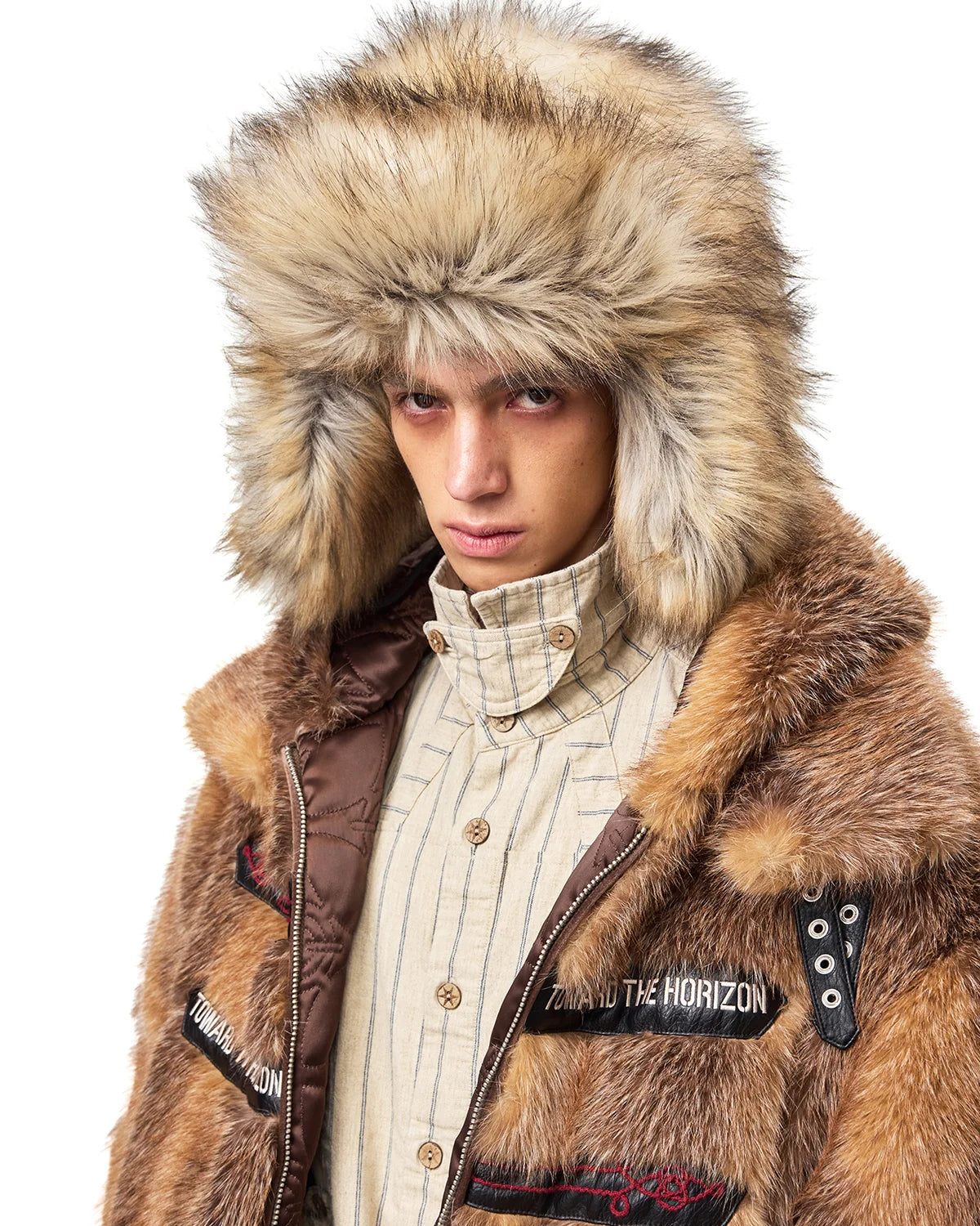 EMO Stand-Collar Hooded Faux-Fur Jacket Fit On Model
