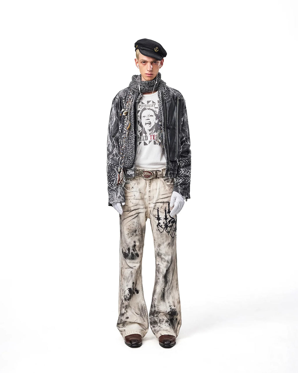 EMO Leather-Appliqué Embroidered Flare Jeans Fit On Model