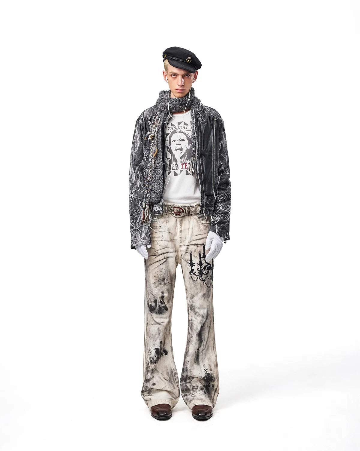 EMO Leather-Appliqué Embroidered Flare Jeans Fit On Model