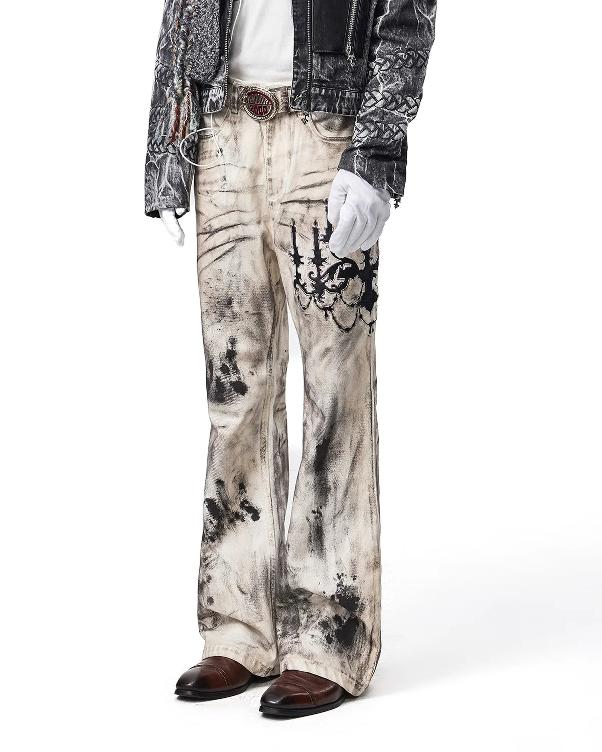 EMO Leather-Appliqué Embroidered Flare Jeans Side View