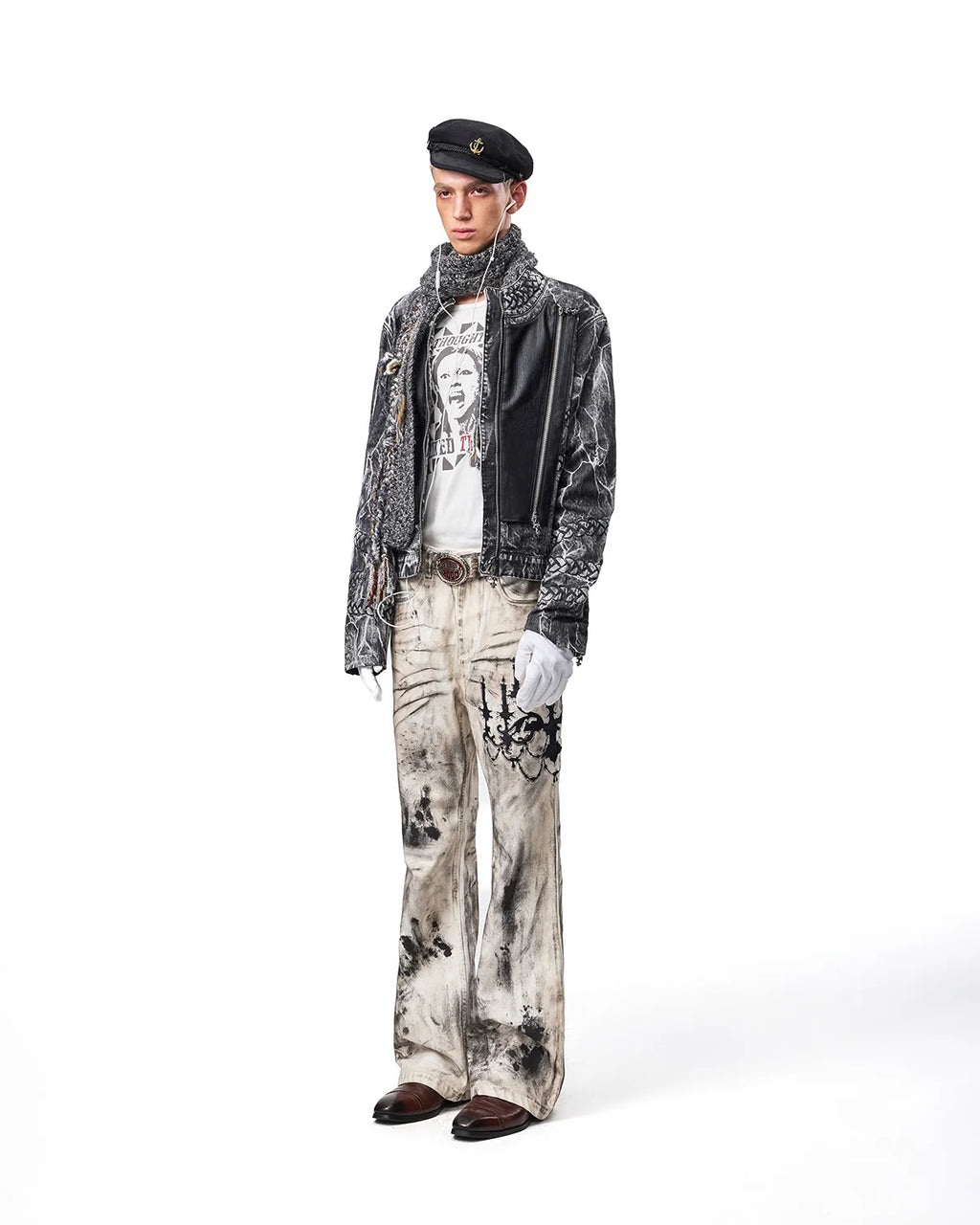 EMO Leather-Appliqué Embroidered Flare Jeans Fit On Model
