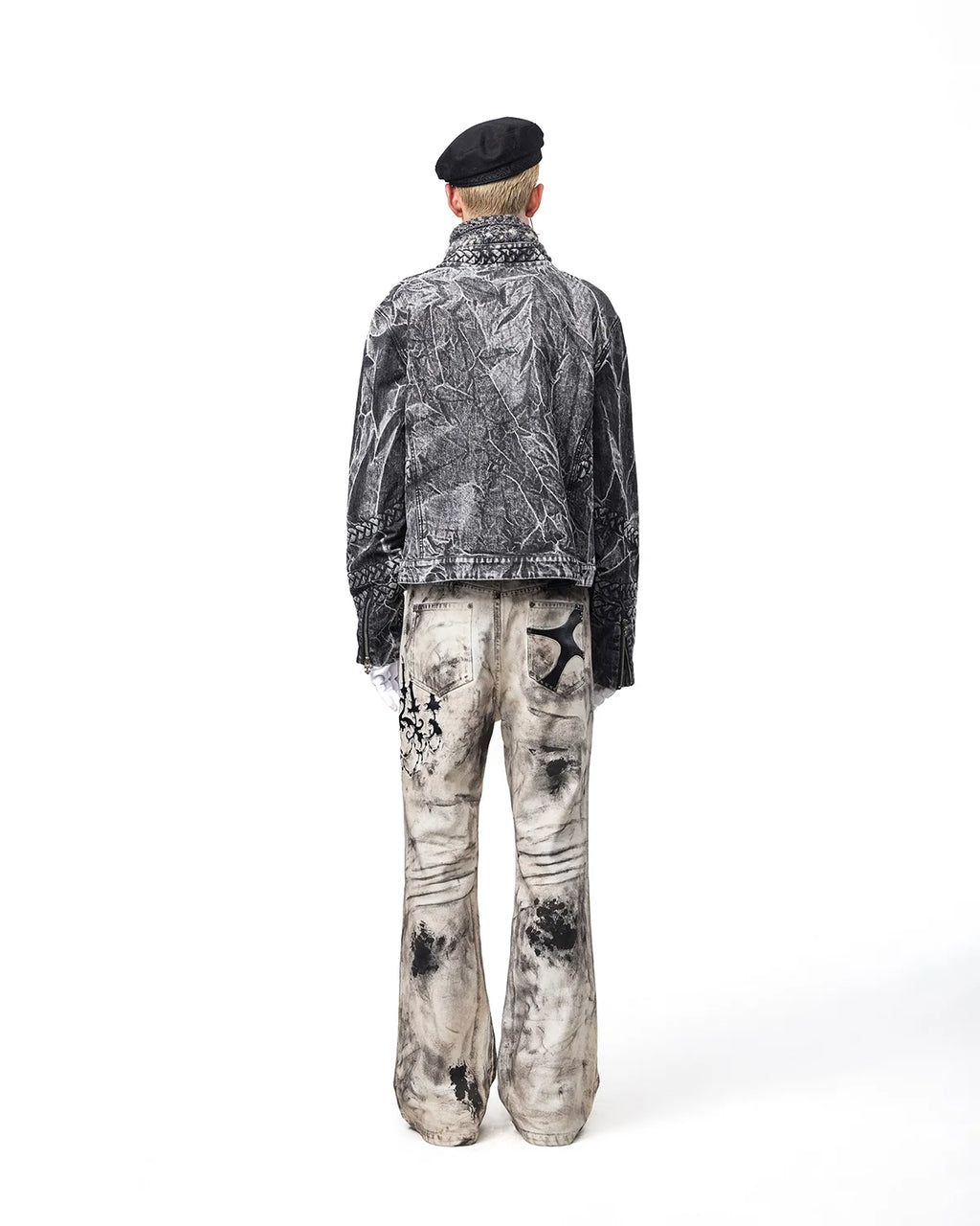 EMO Leather-Appliqué Embroidered Flare Jeans Fit On Model