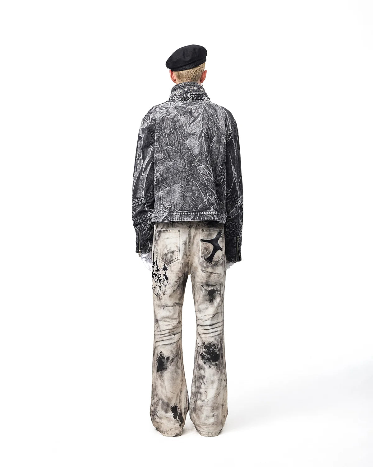 EMO Leather-Appliqué Embroidered Flare Jeans Fit On Model