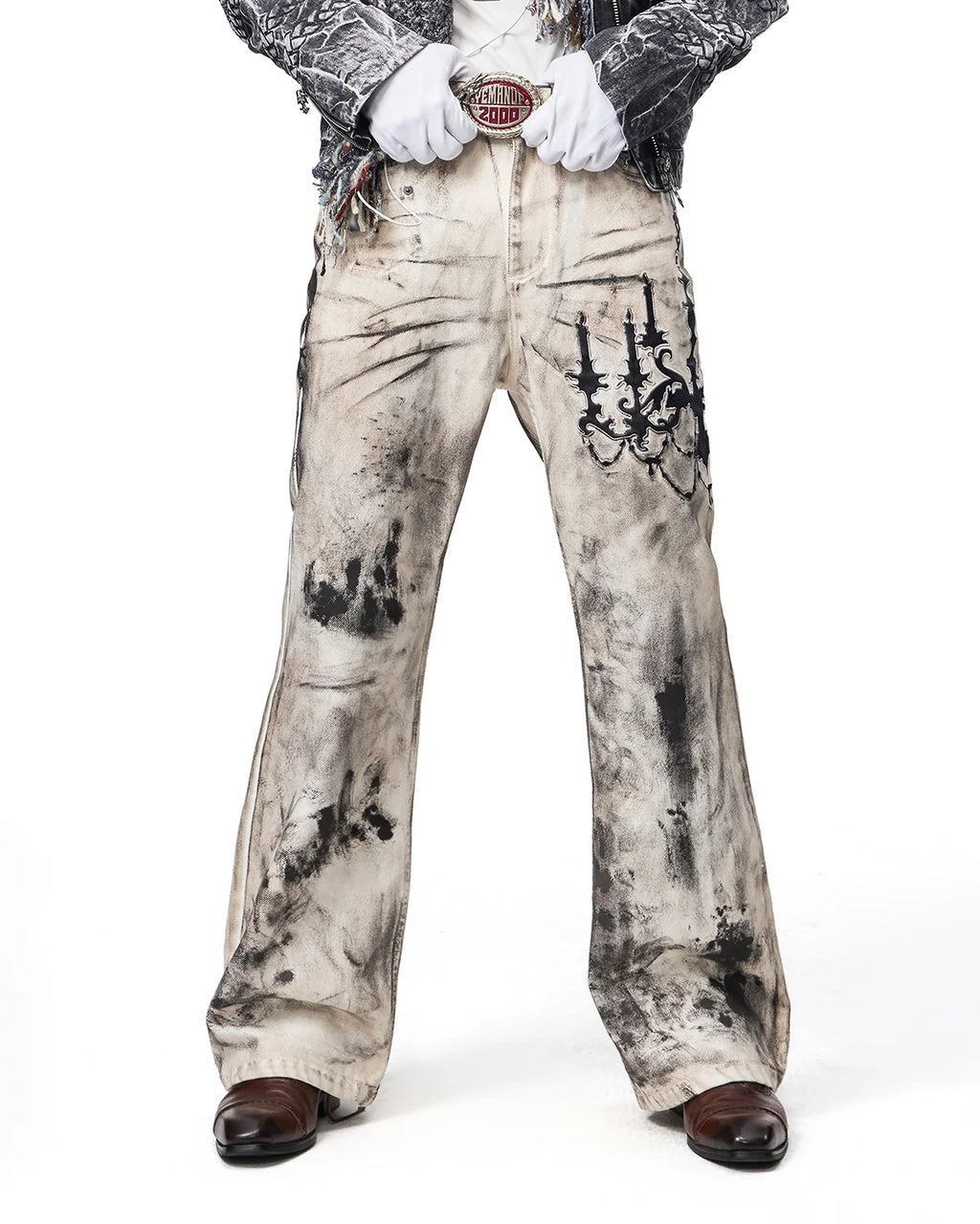 EMO Leather-Appliqué Embroidered Flare Jeans Fit On Model