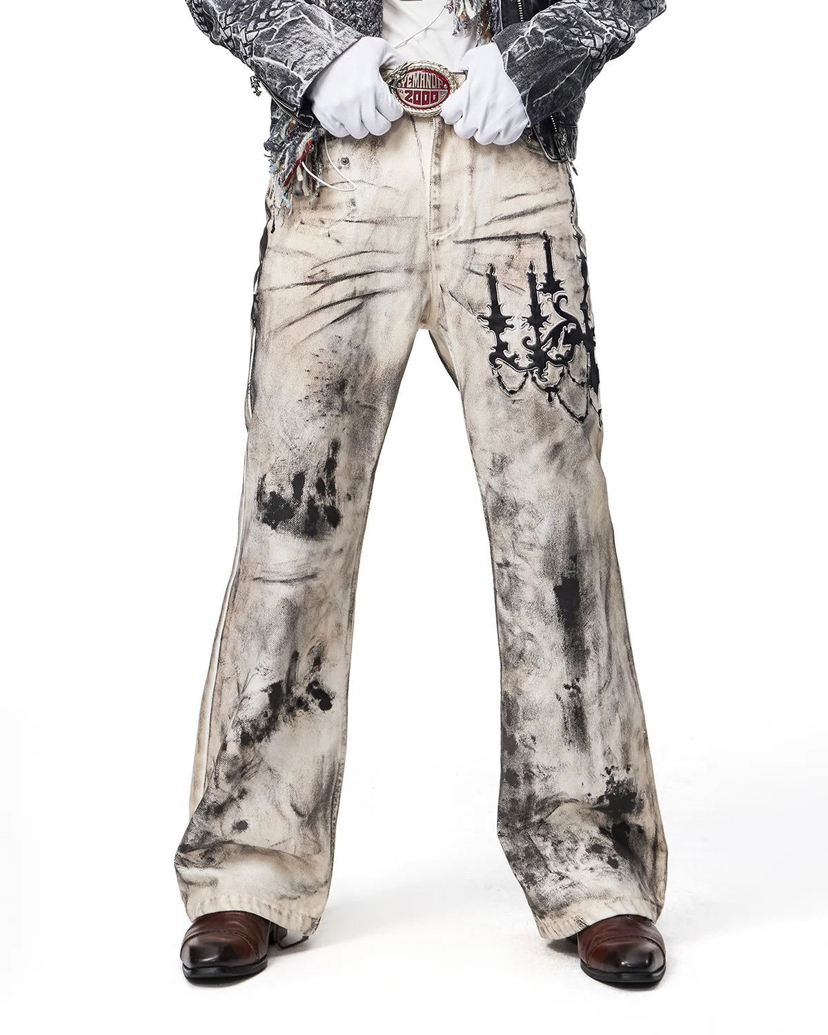 EMO Leather-Appliqué Embroidered Flare Jeans Fit On Model
