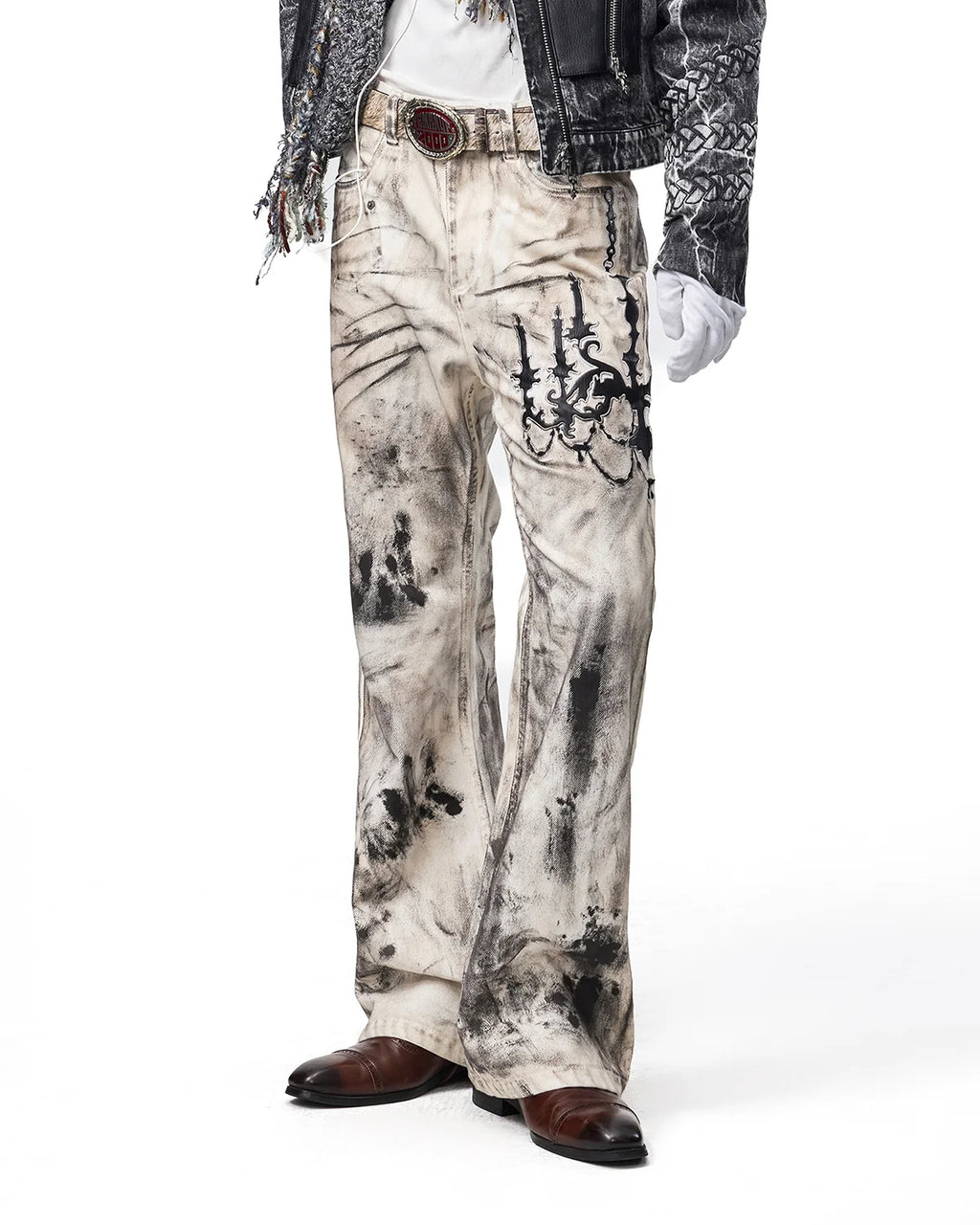 EMO Leather-Appliqué Embroidered Flare Jeans Fit On Model