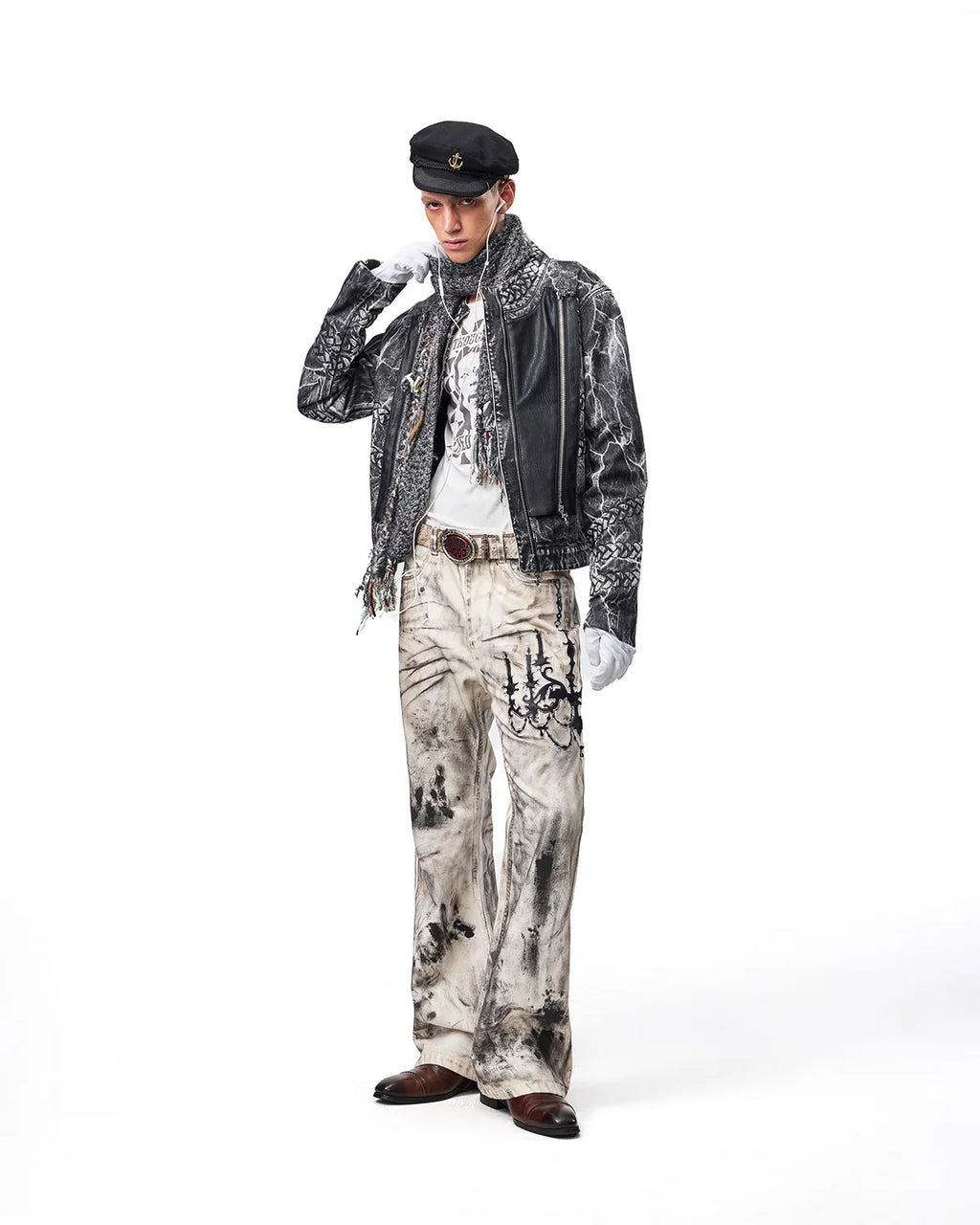 EMO Leather-Appliqué Embroidered Flare Jeans Fit On Model