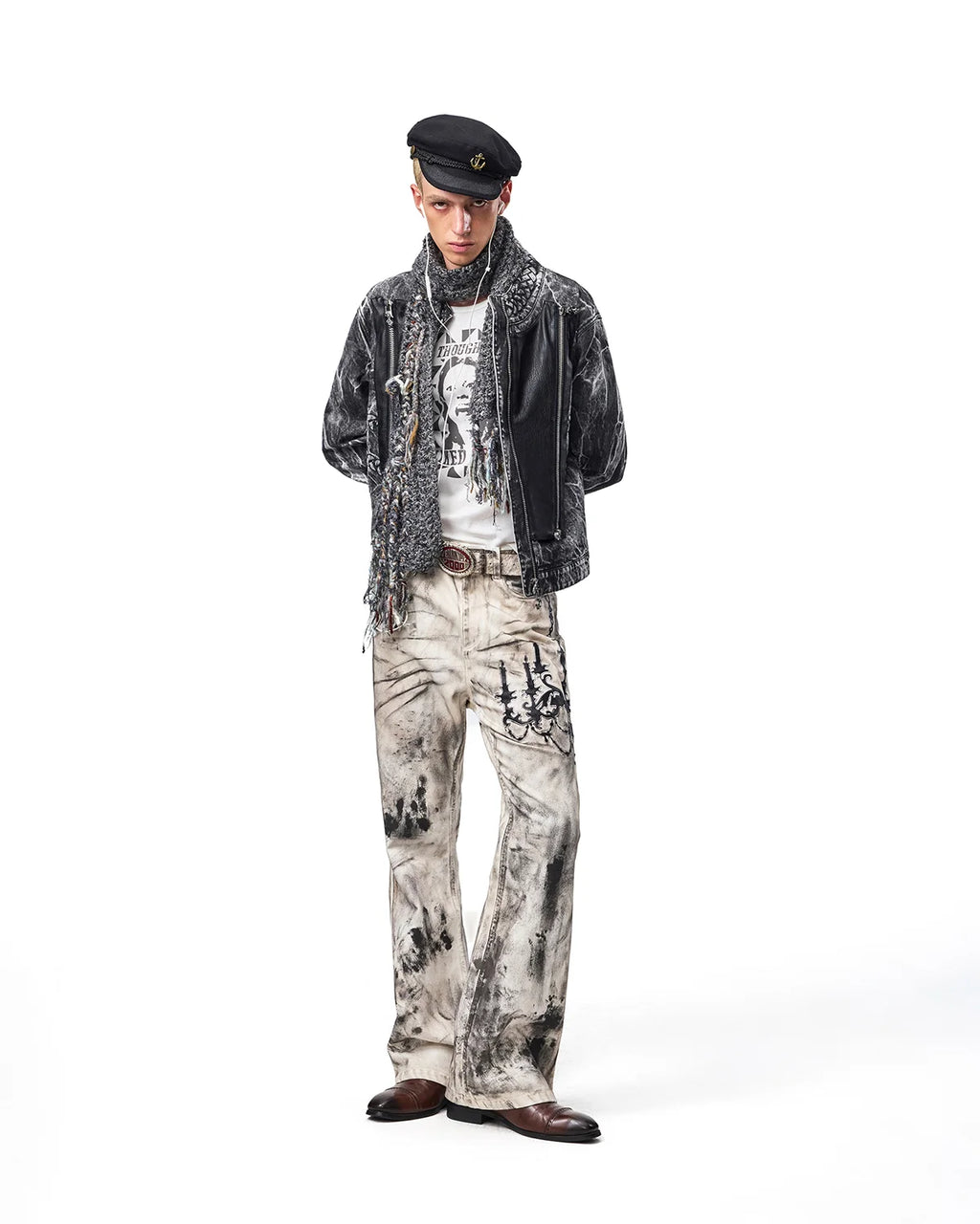 EMO Leather-Appliqué Embroidered Flare Jeans Fit On Model