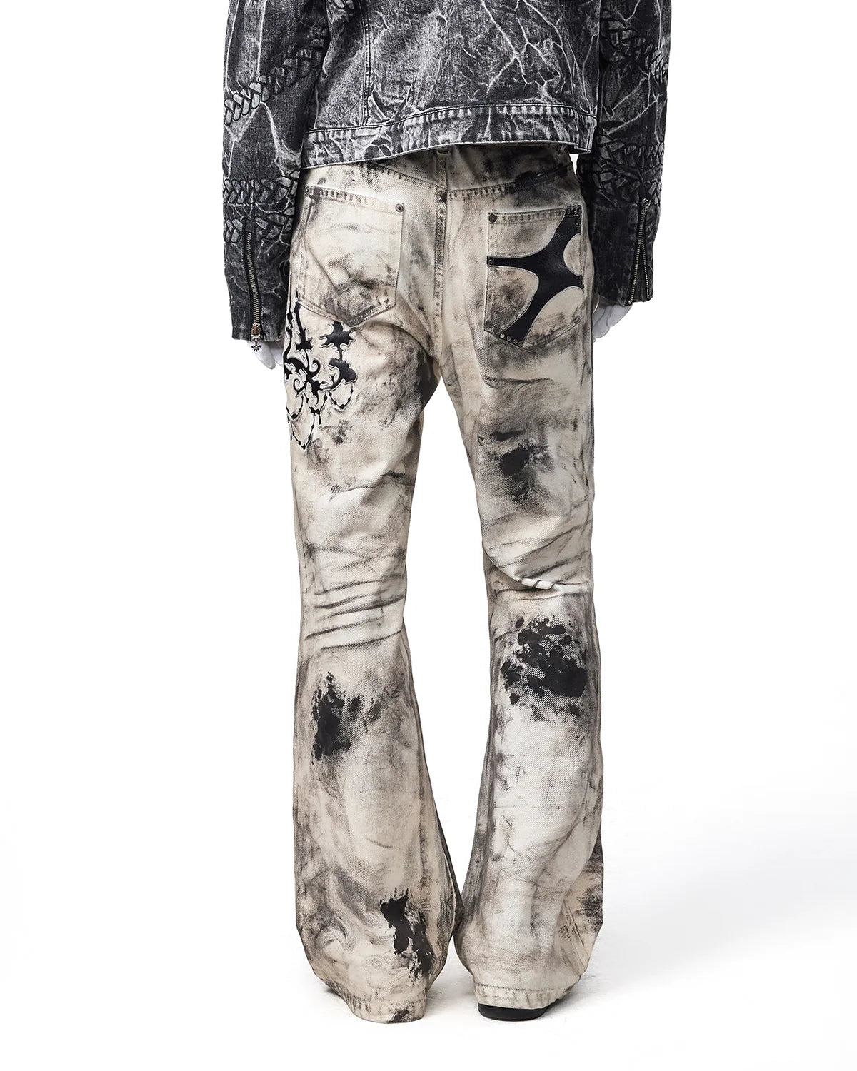 EMO Leather-Appliqué Embroidered Flare Jeans Back View